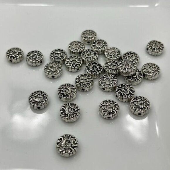 48 Piece Antiqued Silver-Tone Coin Spacer Beads with Floral Pattern, 10mm x 4mm - Picture 2 of 3